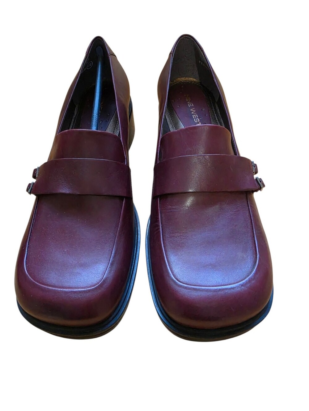 Vintage Y2K Nine West Burgundy Square Toe Leather Loafers 8 Chunky Heel Box 18
